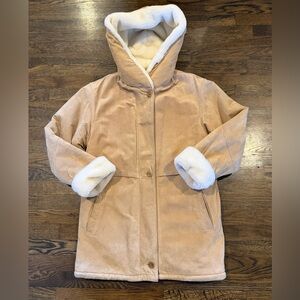 J.G. Hook Leather Sherpa Lined Suede Coat Size Small Winter Heavy Tan Hipster